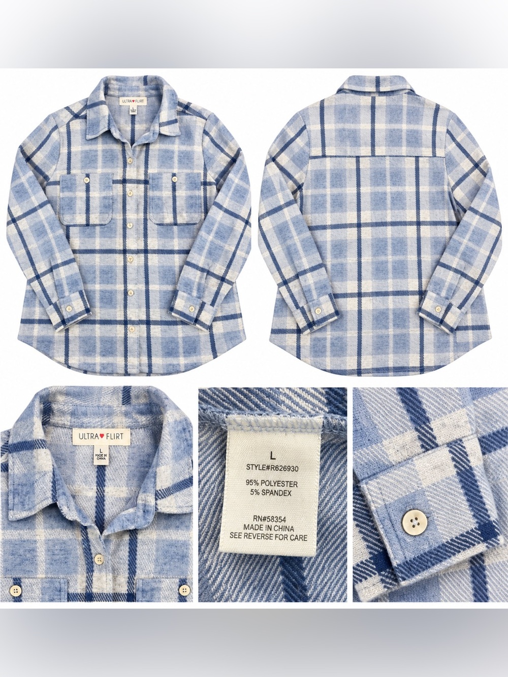 Ultra Flirt Women’s Blue Plaid Button-Down Flannel Shirt – Size L
